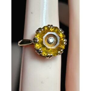 Vintage 14k solid yellow gold faced citrine center diamond chunky ring 5.11g